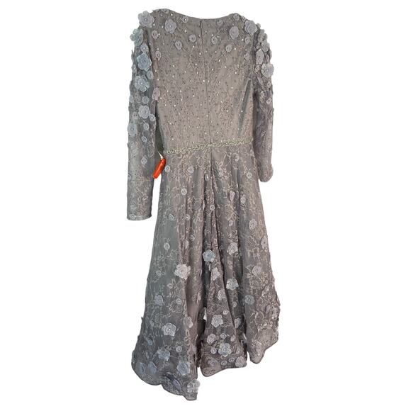 Mac Duggal Long Sleeve Floral Applique Embellished Lace Dress Sterling Size 8 - Picture 10 of 16